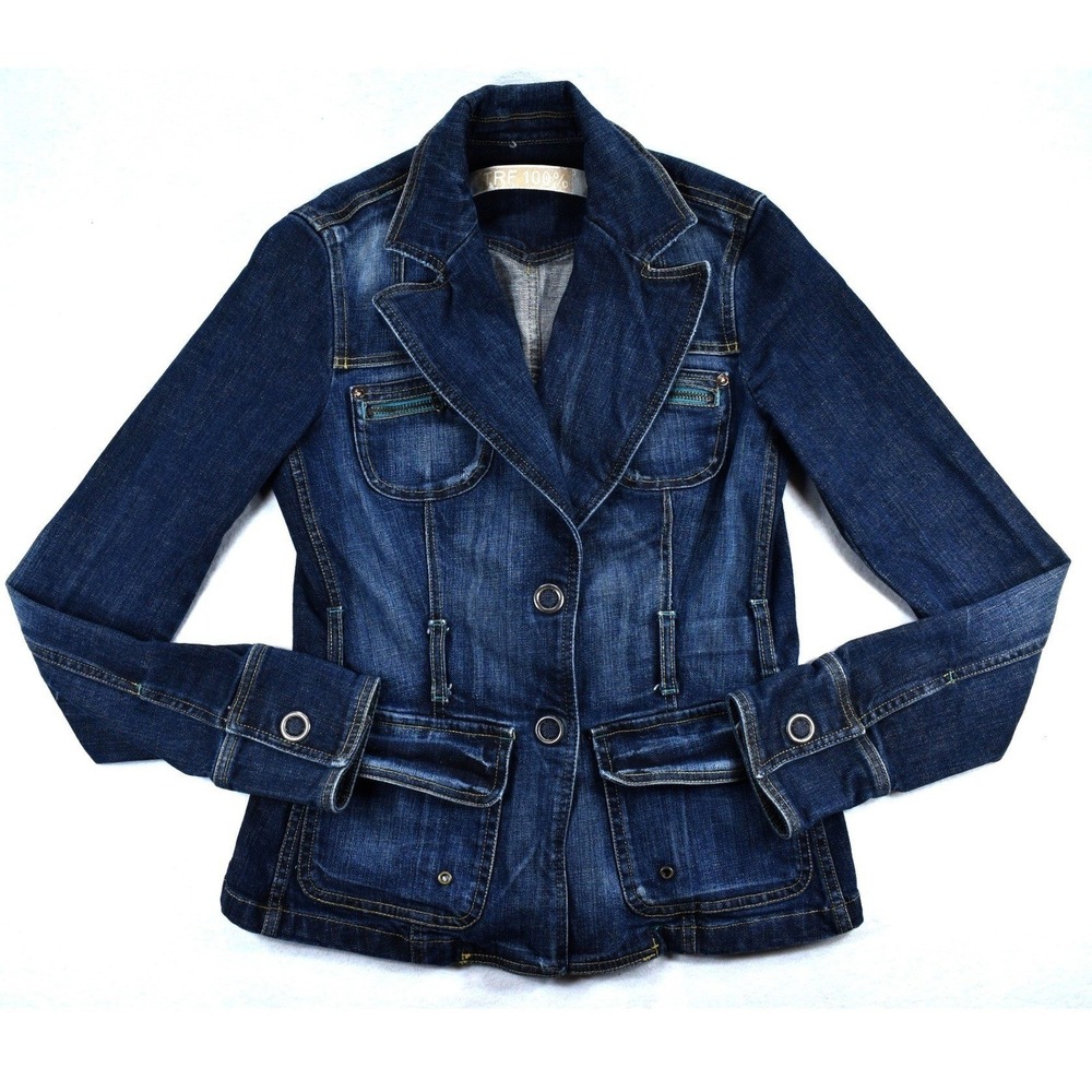 Zara TRF Womens Denim Blazer Jacket Dark Wash Blue Cotton Blend Small Flaw